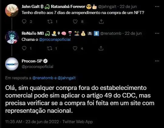 Resposta do Procon SP sobre arrependimento na compra de NFT